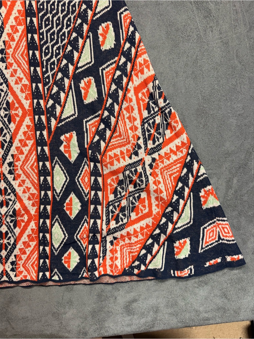 BCBGMaxAzria “Kayla” Silk Knit Coral & Navy Geometric Short-Sleeve Midi Dress - Picture 10 of 11